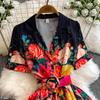 Summer Fashion Suit with A Cinched Waist Women's Single-breasted Printed Large Hem Dress