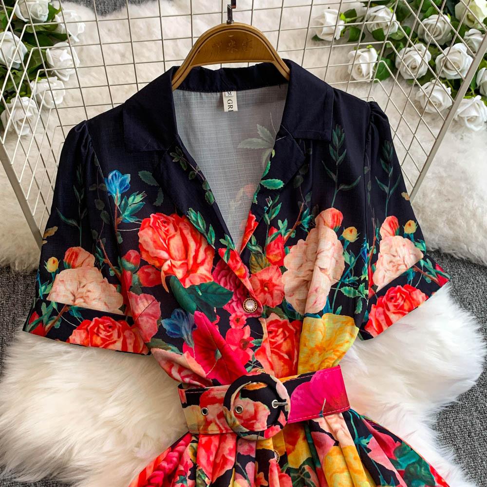 Summer Fashion Suit with A Cinched Waist Women's Single-breasted Printed Large Hem Dress