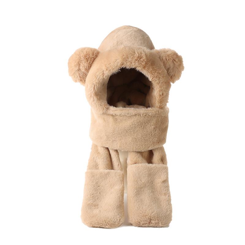Милая шапка-медведь, шарф, комплект из трех предметов, женская студенческая зимняя плюшевая утолщенная теплая плюшевая шапка