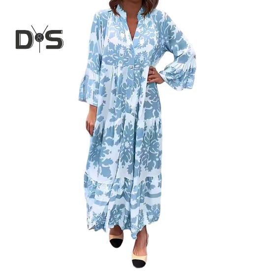 Women Maxi Dress V Neck Floral Printed Pleated Ruffle Patchwork Hem Loow Waist Horn Sleeves Single-breasted Daily Commuting Long Dress