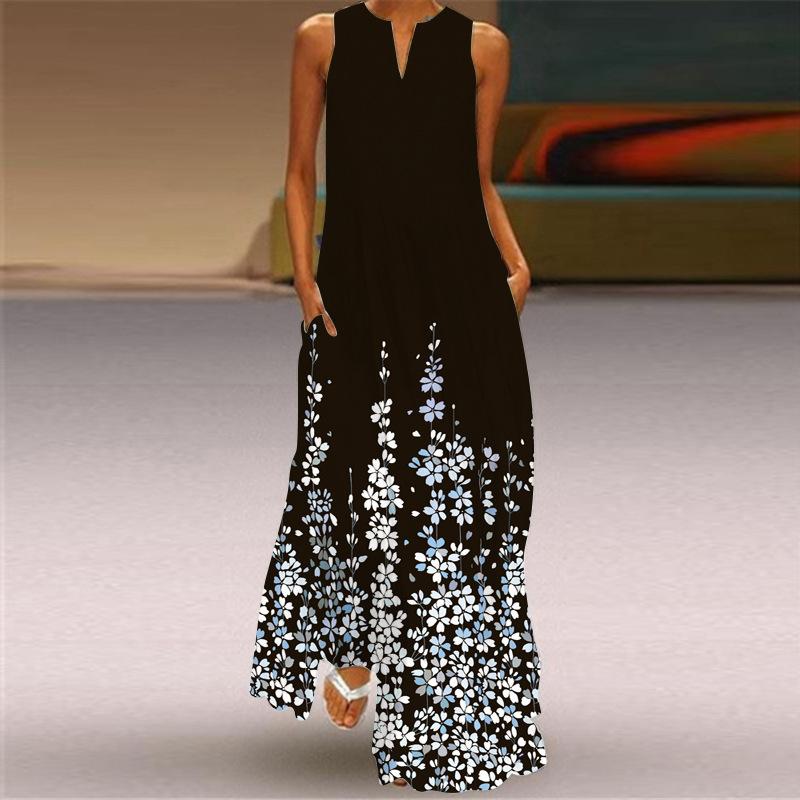 2026 New Summer Women's Sleeveless V-Neck Printed Sexy Dress Long Dress European and American Women's Clothing