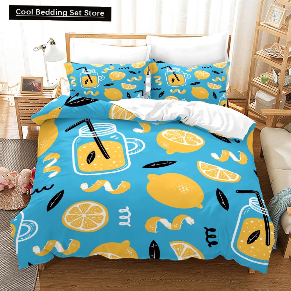 Постельный комплект с принтом лимонов Желто-зеленый Фруктовая тематика Розовый Пододеяльник Размер Кинг/Евро Милый Мультяшный 2/3 шт. Полиэстеровый Чехол для одеяла