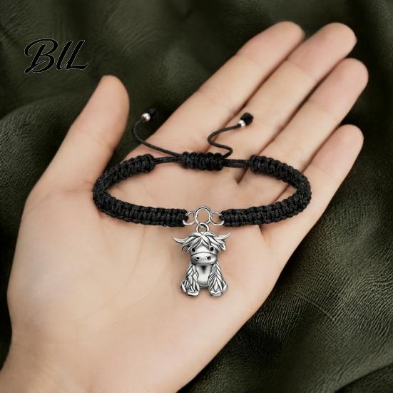 Gifts with Blessing Card Cute Highland Cow Bracelet for Women, Metal Charm Adjustable Friendship Her Card, Handmade Braided Rope String Wristband,