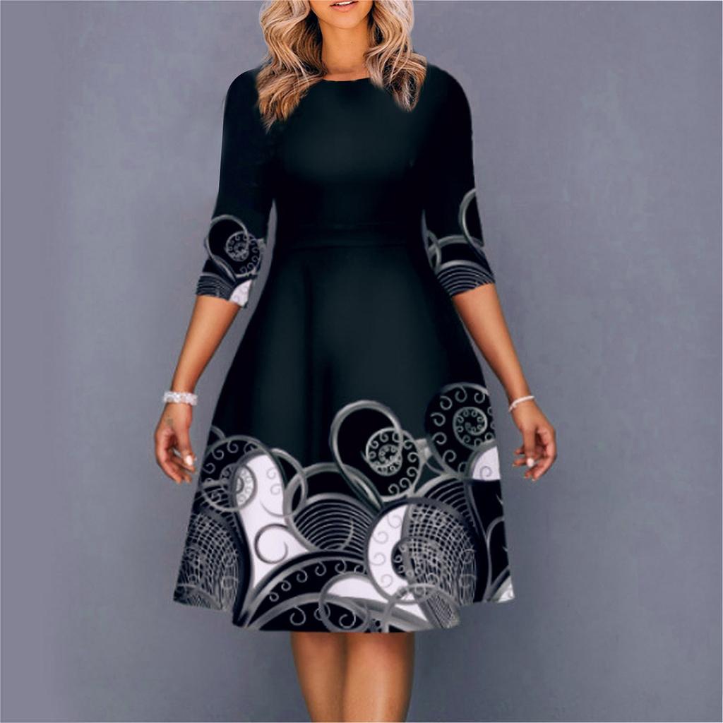 Women's Fashion Casual Crew-neck Half-sleeved Commuting Dress Skirt Large Size Printed Collection Waist Slimming Dress