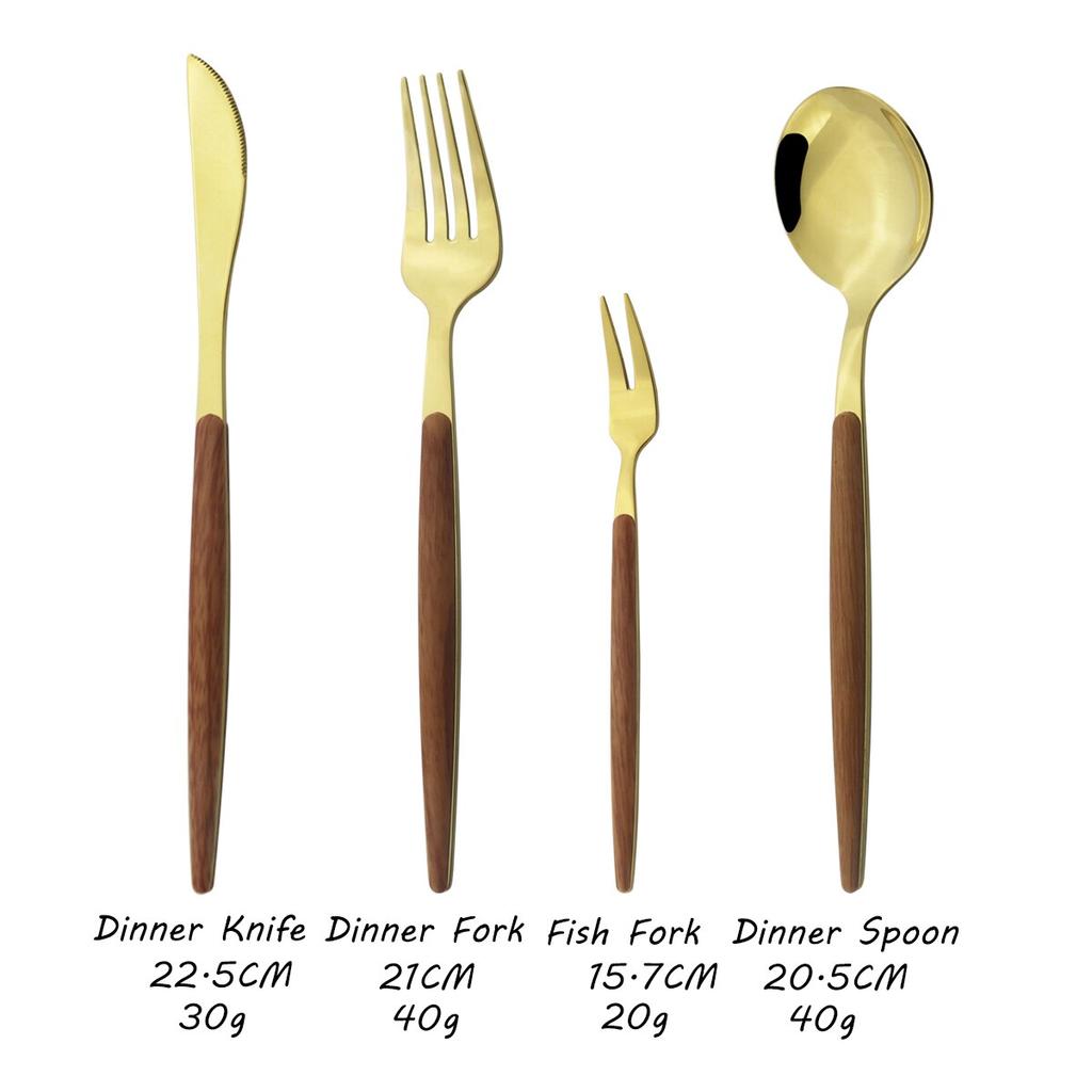 4 шт. золотой набор столовых приборов из нержавеющей стали, посуда с деревянной ручкой, глянцевый нож, вилка, ложка, набор кухонных столовых приборов в западном стиле