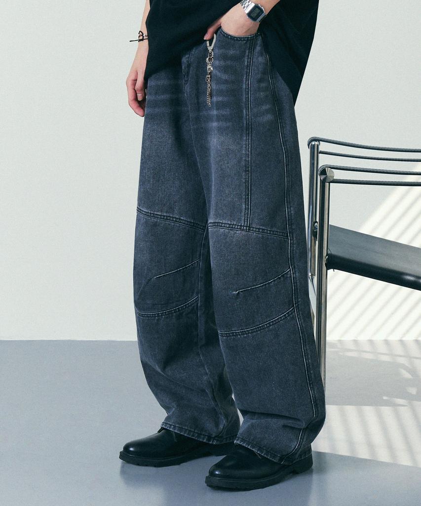 NP STUDIO Washed Wide Biker Denim Pants Gray