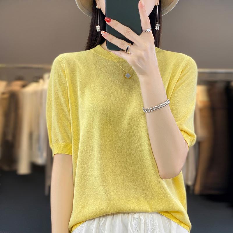 INDFS Women's Fashion Casual Summer Spring Solid Color Print Short Sleeve O-Neck Blouses & Shirts