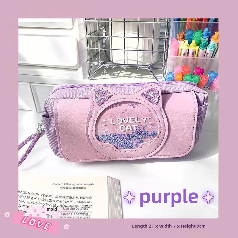 Quicksand Cat Canvas Pencil Case: Cute Korean-Style Three-Layer Stationery Bag for Female Students.