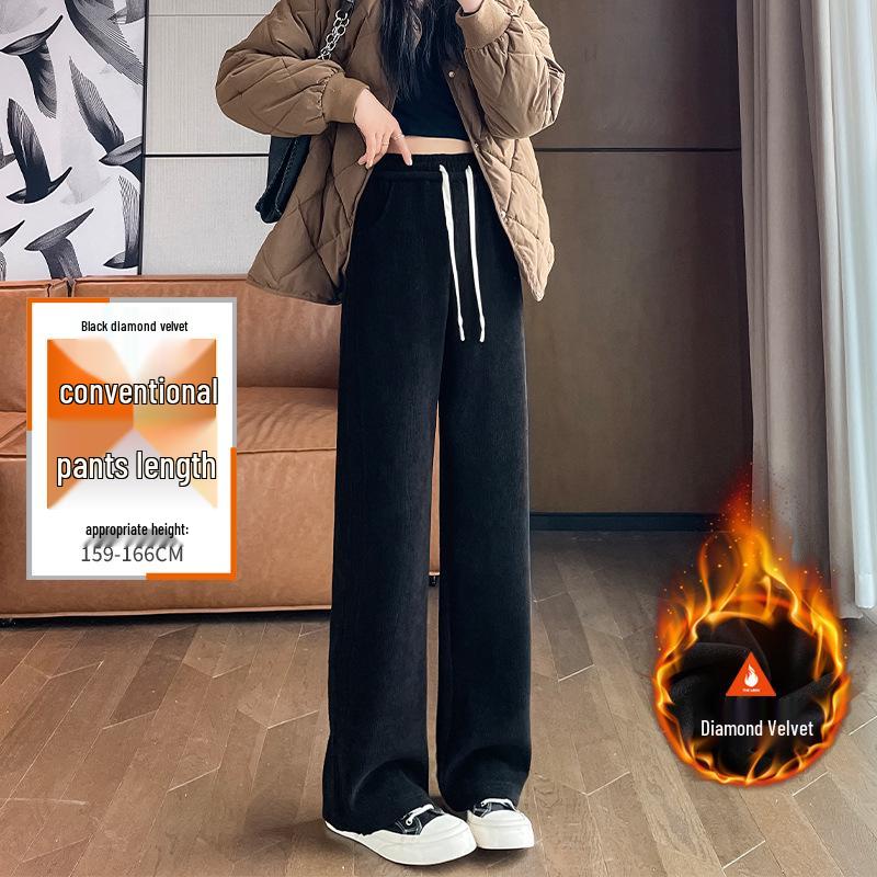 High-Waisted Fleece-Lined Wide-Leg Women's Pants for Autumn/Winter - Casual, Petite, and Straight-Leg Sports Sweatpants.