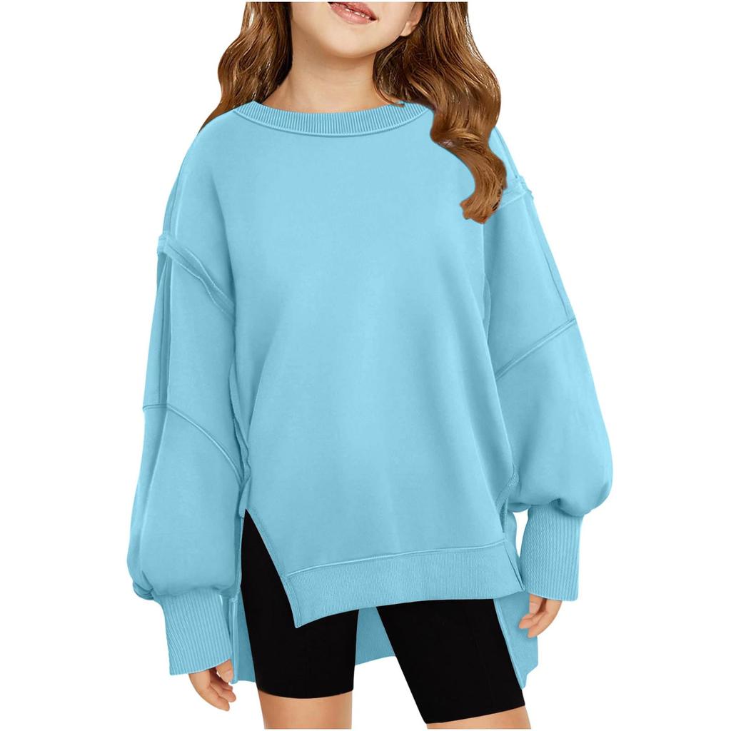 Children's Oversized Pullover Sweatshirt Girls' Round Neck Split-Front Solid Color Hoodie
