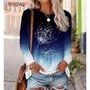 Dandelion Pattern Women T-Shirts Spring Autumn Long Sleeve 3D Plant&Flowers Print Street Gradient Ladies Tees