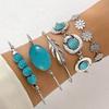 5Pcs/Set Vintage Bohemian Turquoise Inlaid Bracelets Women Ethnic Style Flower Feather Cuff Bracelet Bangles Boho Jewelry