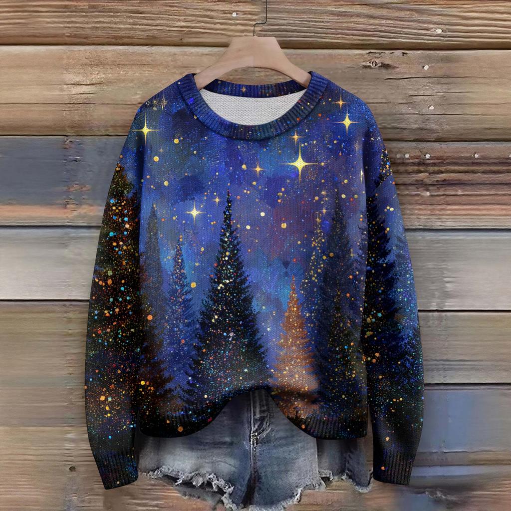 Пуловеры с длинным рукавом для женщин, с круглым вырезом, повседневные, милые, с принтом, вязаные, оверсайз