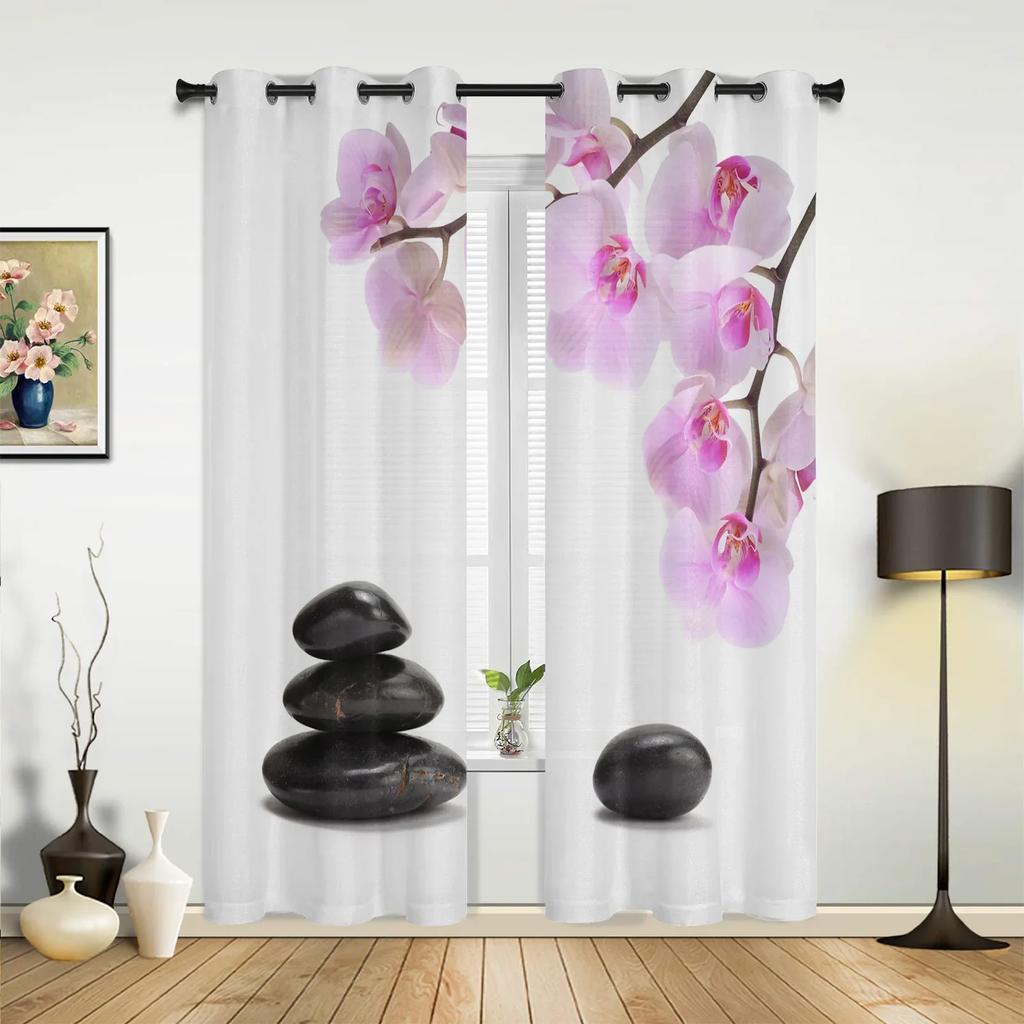 Flower Stone Pink Orchid Reflection White Curtains for Bedroom Living Room Drapes Kitchen Children Window Curtain Home Decor