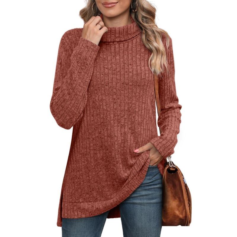 Spring and Autumn Women's Blouse High Neck Bib Side Split Solid Color Long Sleeve Top