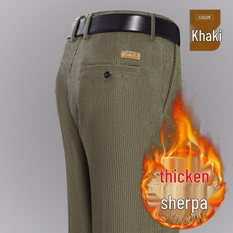 Мужские осенне-зимние брюки из вельвета с велюровым ворсом - Высокая талия, прямая штанина, свободный крой, повседневные брюки для среднего и пожилого возраста