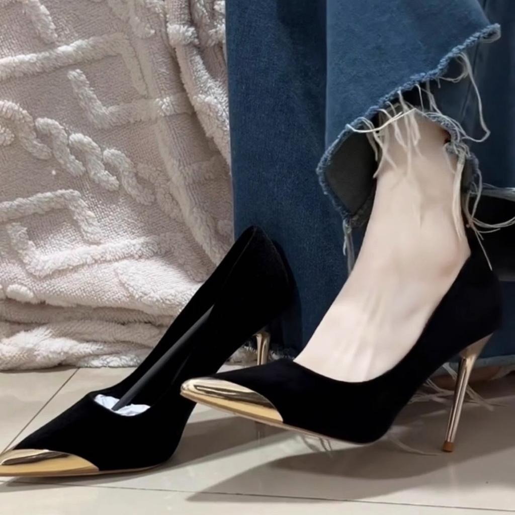 Light Luxury Black Suede High Heels Women's Thin Heels 2025 New Spring and Summer Banquet Temperament Imperial Sister Shallow Mouth Pointed Single Sho