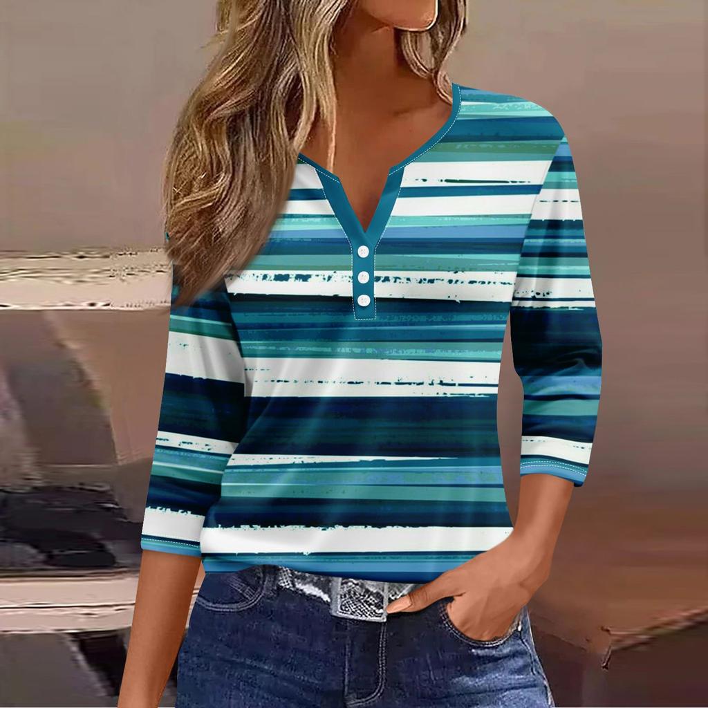 Жен. Футболка Футболка С принтом Пуговицы Рукав 3/4Ежедневно Выходные Мода Классический Топ с v-образным вырезом Обычный