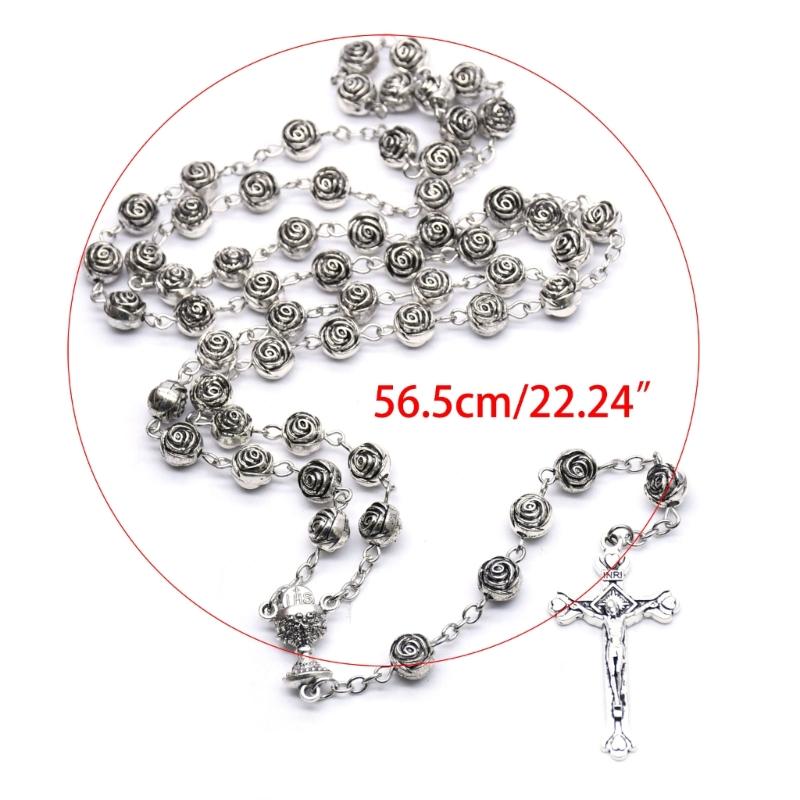 Catholic Rosary Necklace Plastic Rose Flowers Bead Cross Crucifix Pendant Vintage Religious Jewelry for Women Meditation
