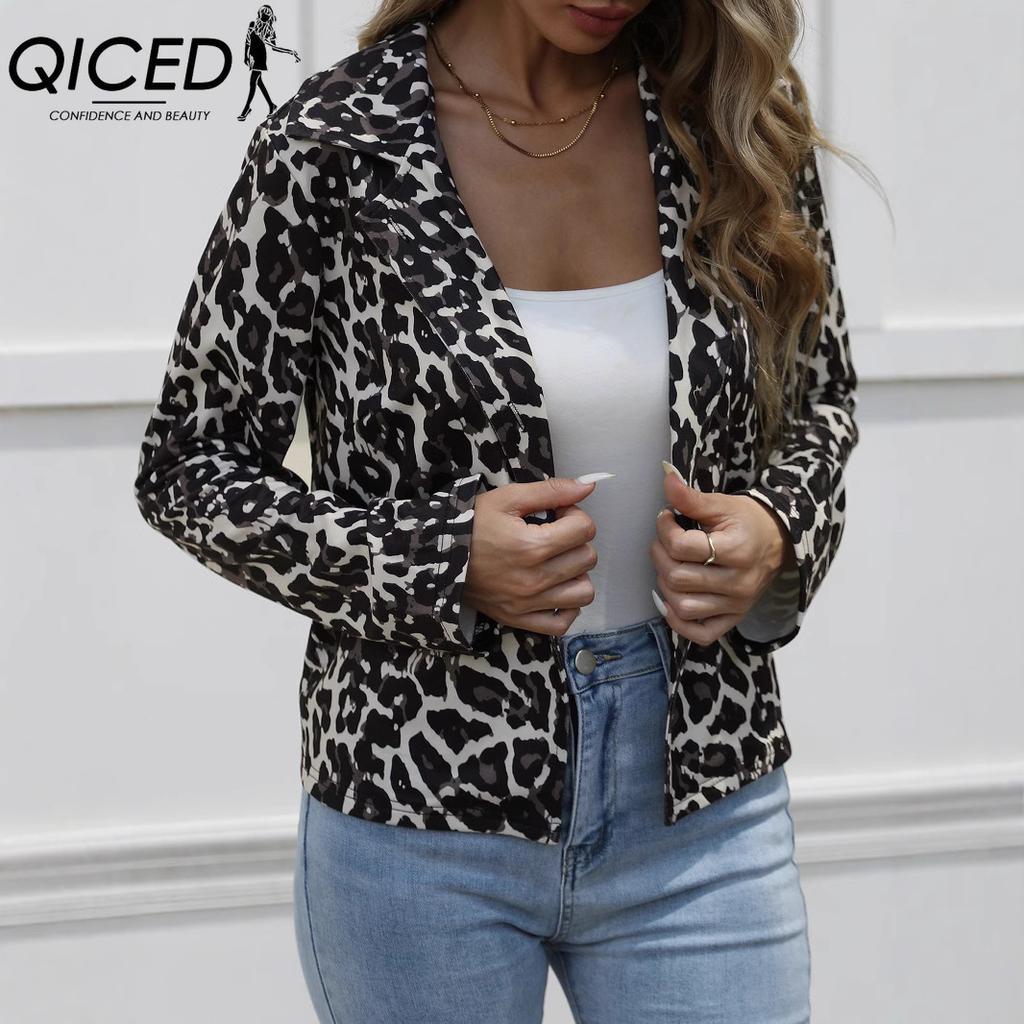 QICED Fashion Leopard Print Single-breasted Casual Blazer