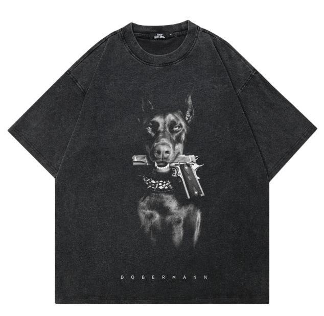 Уличная одежда, черная футболка с забавным рисунком собаки добермана