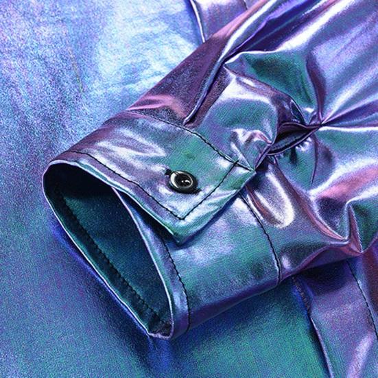 Мужская рубашка для выступлений с глянцевой поверхностью и отложным воротником, однобортная рубашка с длинными рукавами и пуговицами, атласная рубашка для клубной вечеринки, дискотека, сценическое шоу