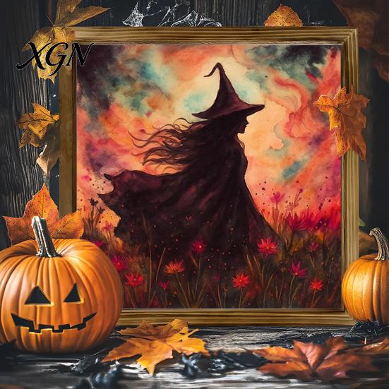 Distressed Halloween Party Props Ghost/Witch/Skeleton Decorative Painting, Wall Mount Square Wood Frame Wooden Decor Picture for Home