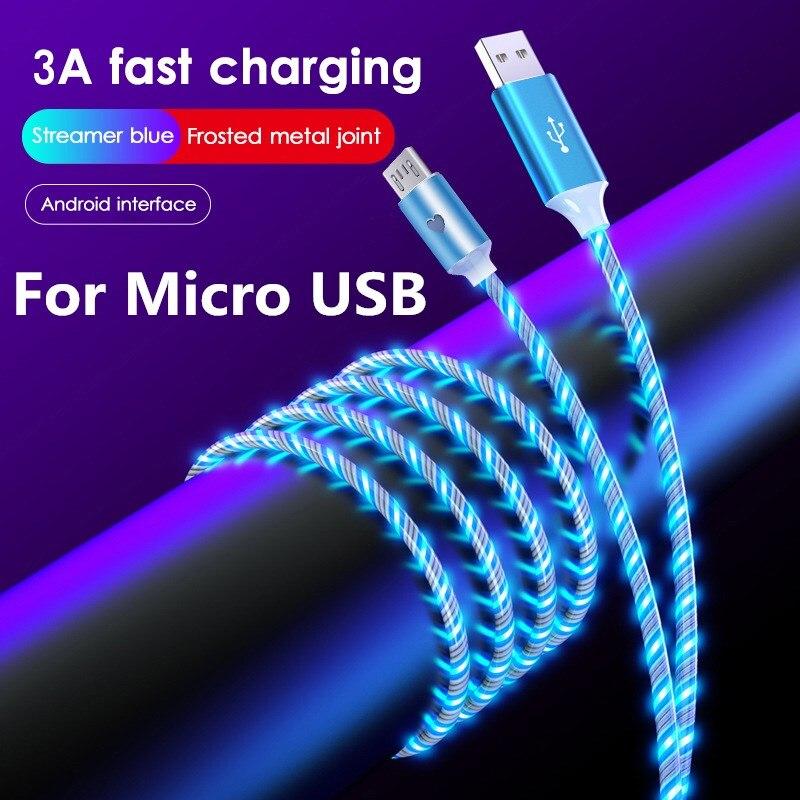 2.4A Flowing Colors LED Glow USB Charger Type C Cable for Android Micro USB Charging Cable for iPhone 11 12 Pro Max Samsung Charge Wire Cord