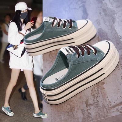 Полушлепанцы с толстой подошвой, с закрытым носком, женские, для улицы, 2025, новые, с увеличением высоты, на одной педали, без каблука, маффины, парусиновые одинарные туфли, универсальные