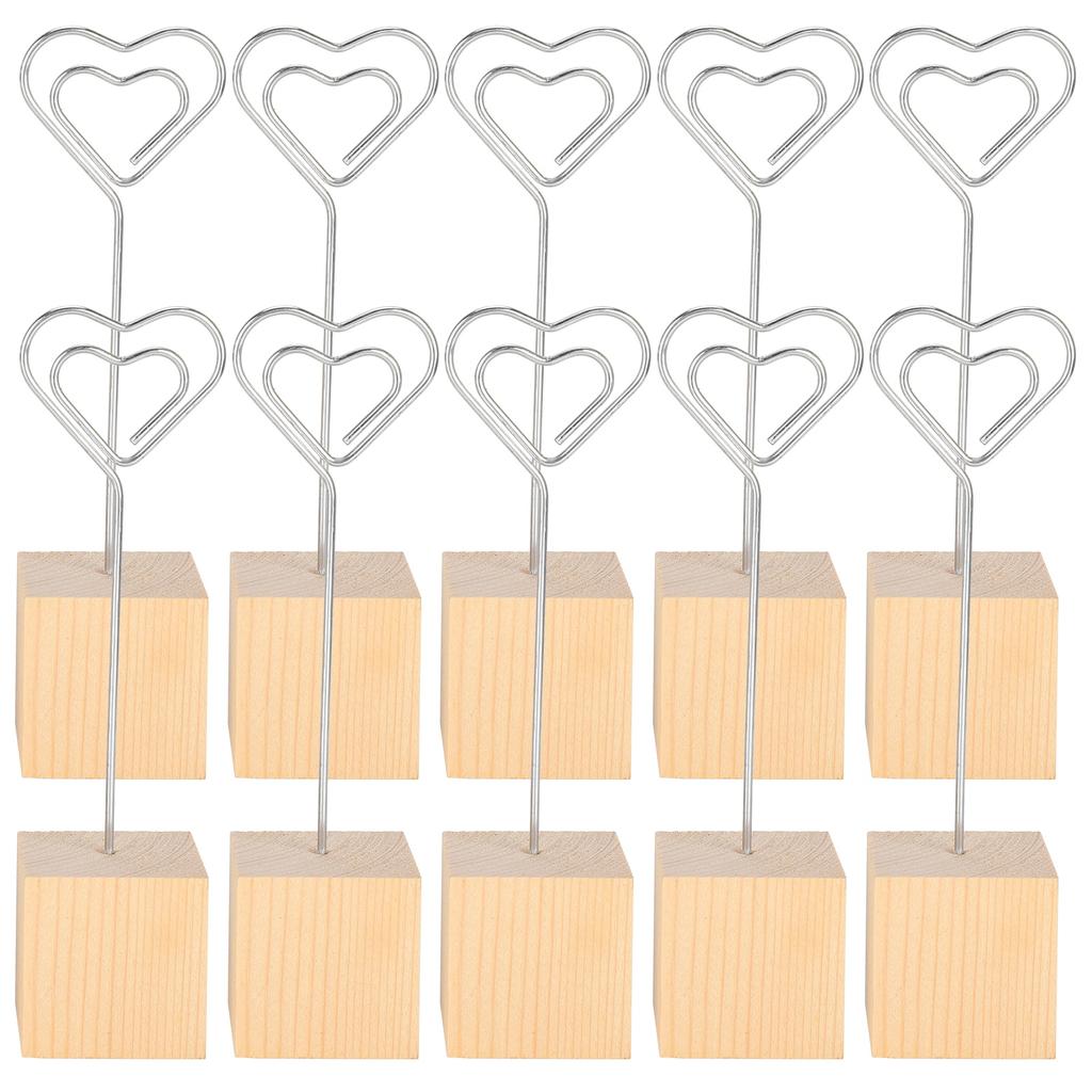 10Pcs Photo Holder Note Message Card Picture Metal Clip Stand Solid Wood Base Craft