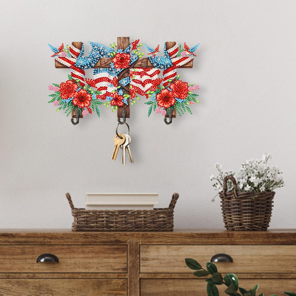 Wooden Flag & Flower Diamond Art Hanging Hooks Rhinestone Painting Coat Hook 3 Hooks Diamond Painting Hook Rail DIY Crafts Decor