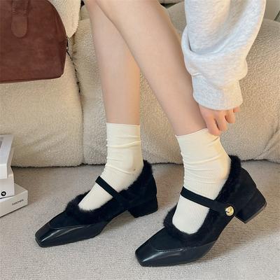 Женские меховые туфли Marie Janes на среднем каблуке с квадратным носком 2025 года, фирменная тенденция, новые короткие плюшевые теплые модные элегантные туфли-лодочки Chaussures Femme