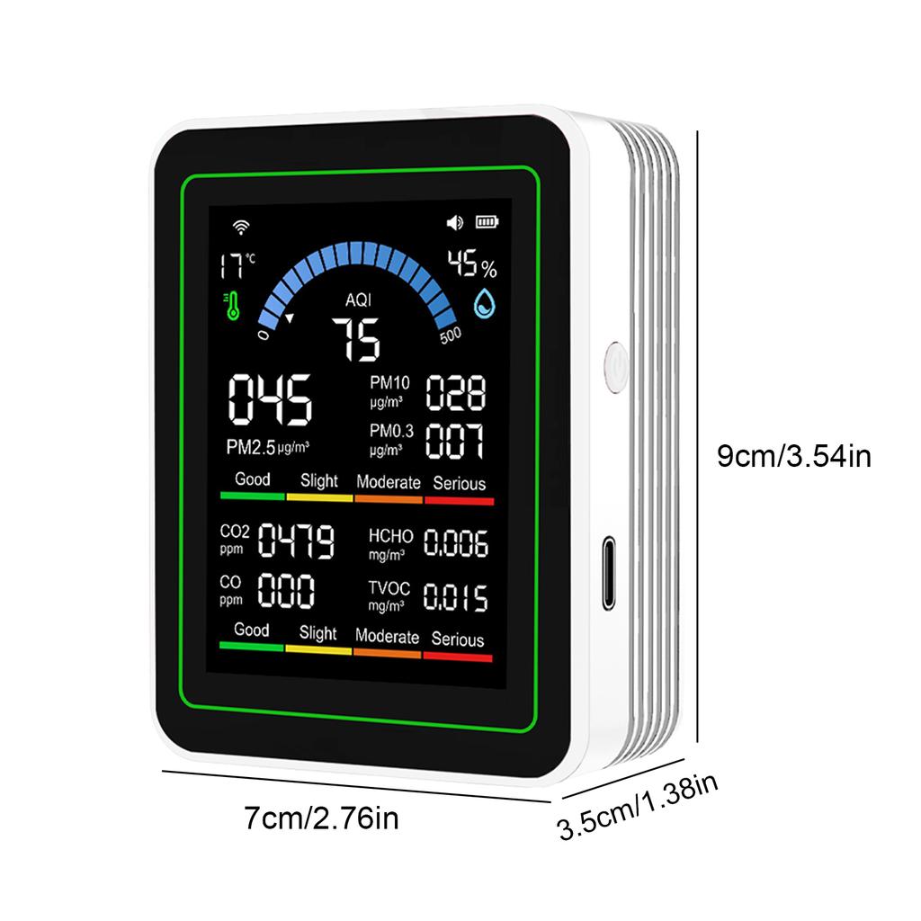 Детектор качества воздуха 10-в-1, 2,8", CO2, Формальдегид, PM2.5, TVOC, Температура, Влажность, Зарядка Type-C, для дома и офиса