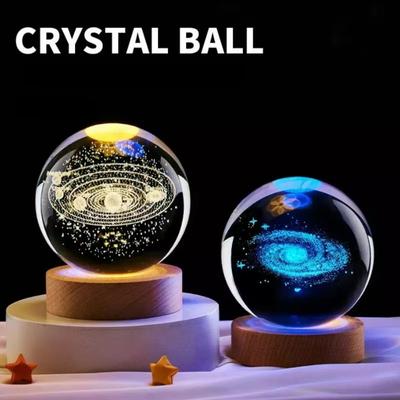 3D Cystal Ball Decoration Planetary with LED Wooden Base Laser Graveded Solar System Globe Astronomy Gift Birthday Fairy Lights