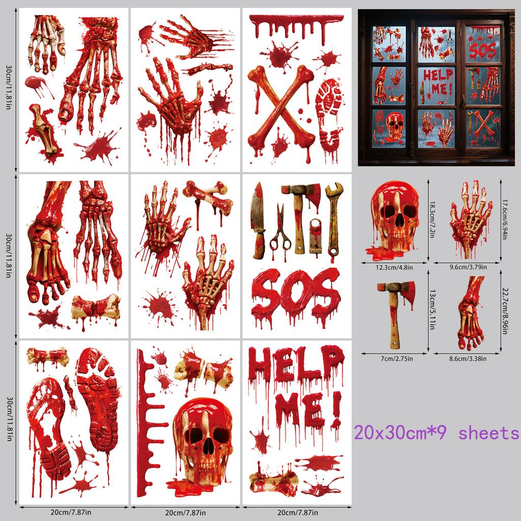 Halloween Window Clings Set Scary Bloody Handprint Sticker 3D Skeleton Head Horror Party Decor