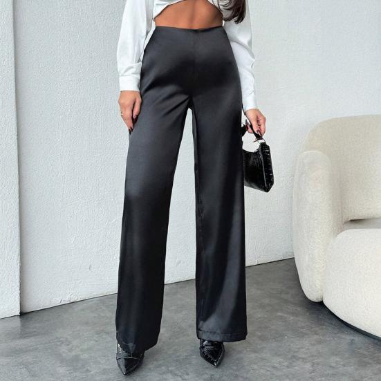 Women Pants Mid-rise Solid Color Loose Fit Wide Leg Design Long Trousers Smooth