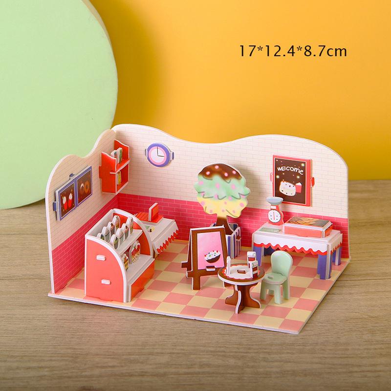 Cardboard Puzzle 3D House Room Shops Model Puzzle Toys Kids Handmade DIY Assembling Toys