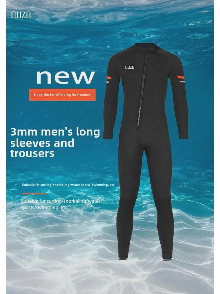 OUZO Men's 3mm Thick Warm Diving Suit - One-Piece Cold-Proof for Diving, Snorkeling, Surfing, and Winter Swimming