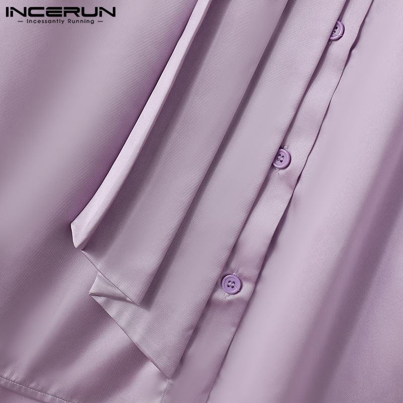 INCERUN Men High Neck Tie Up Ruffled Solid Shirts Casual Long Sleeve Tops