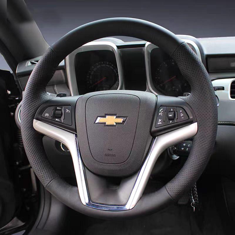 AABHO1 For Chevrolet Camaro 5 Gen 2014 2015 RS Hand Stitched Non-slip Car Steering Wheel Cover DIY Black Napa Leather Car Interior