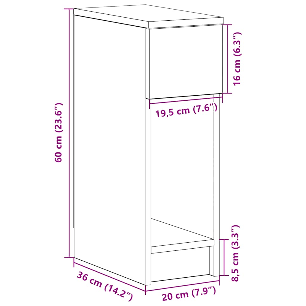 White Nightstand with Drawer 20 x 36 x 60 cm