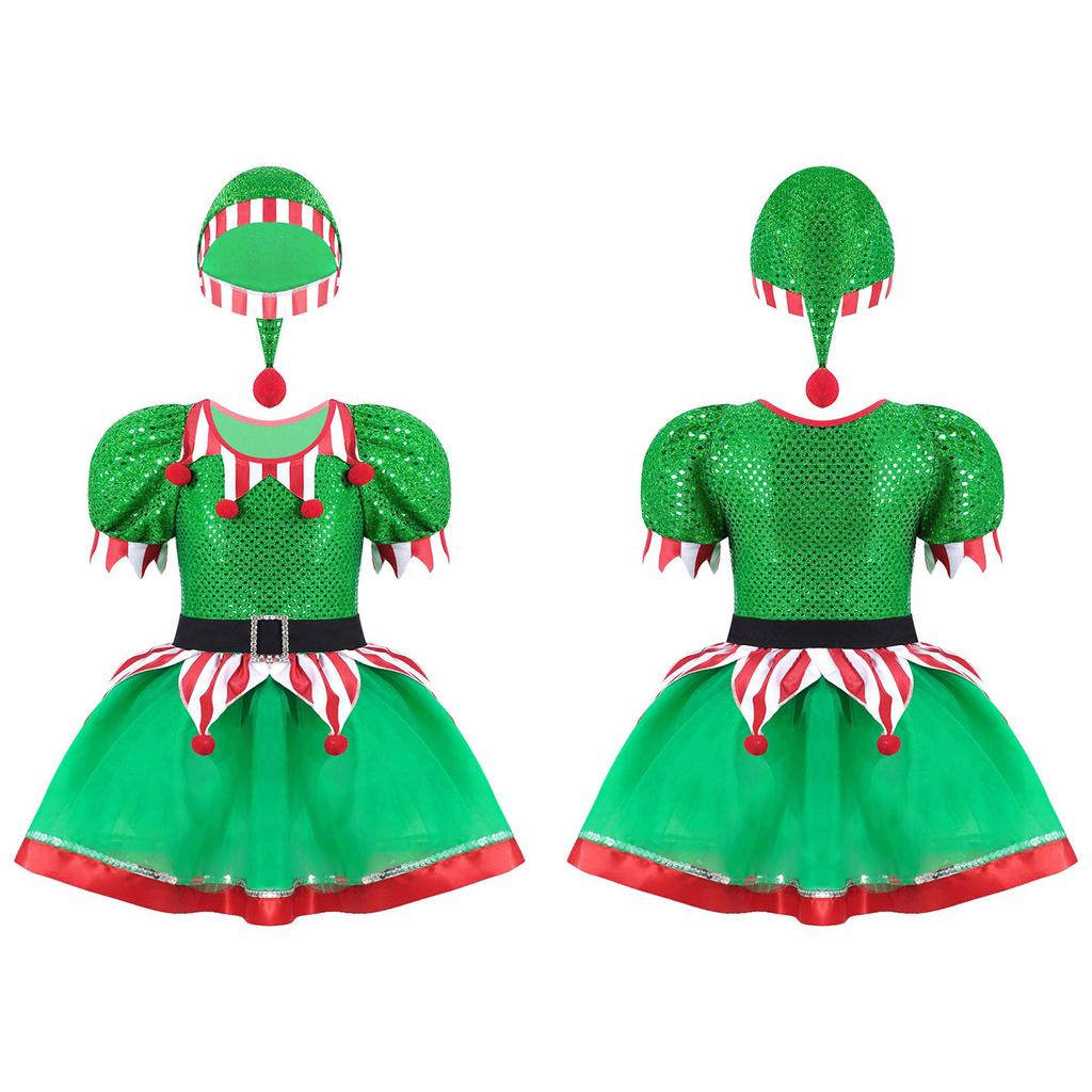Kids Girls Christmas Holiday Outfit Santa's Elf Cosplay Costume Xmas Fancy Dress with Hat