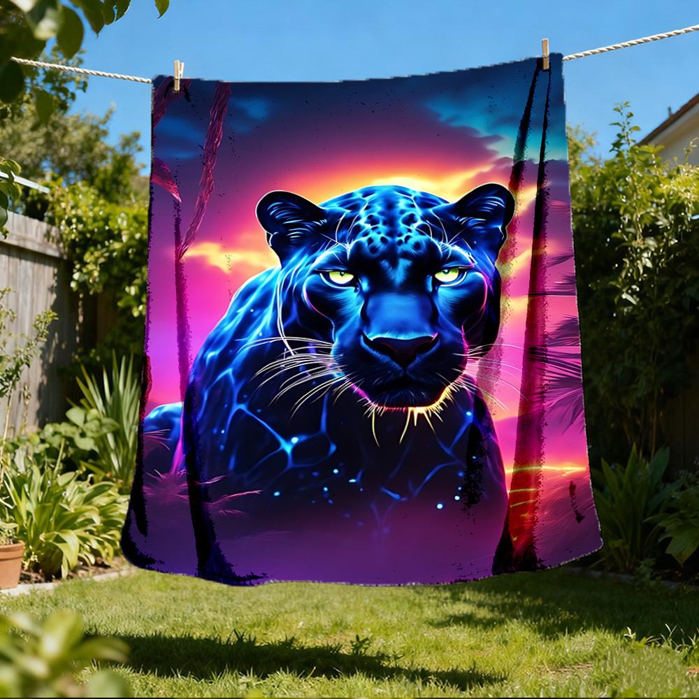 1pc Neon Panther Print Throw Blanket Polyester Fiber, Lightweight Flannel, Soft & Warm, All Season Use for Outdoor, Camping Digital Print