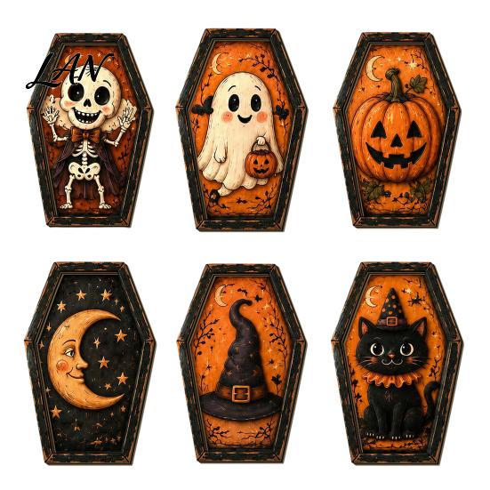 Pumpkin Desktop Signs Vintage Halloween Wooden Table Decoration, Rustic Black Cat Ghost Skeleton Retro Holiday Tabletop Block Sign for Farmhouse