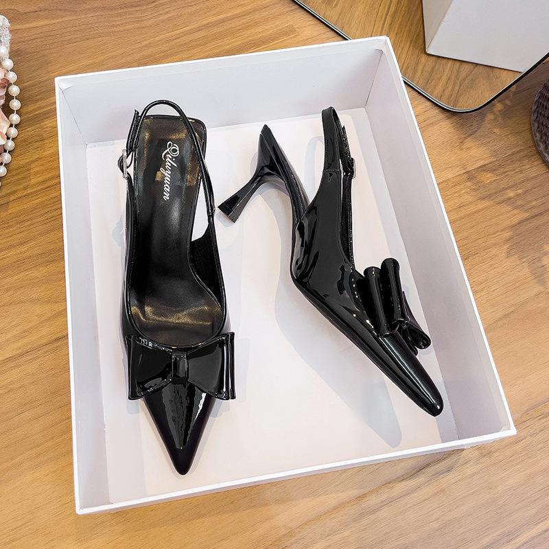 Бордовые туфли на высоком каблуке, женские босоножки с заостренным носком и тонким каблуком, 2025, новые летние туфли большого размера с бантом