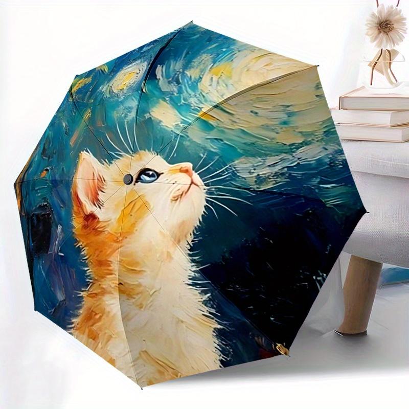 1pc "Cat Night" Auto Open/Close Leisure Umbrella, Portable Folding Umbrella for Travel,suitable as a gift for various festivals