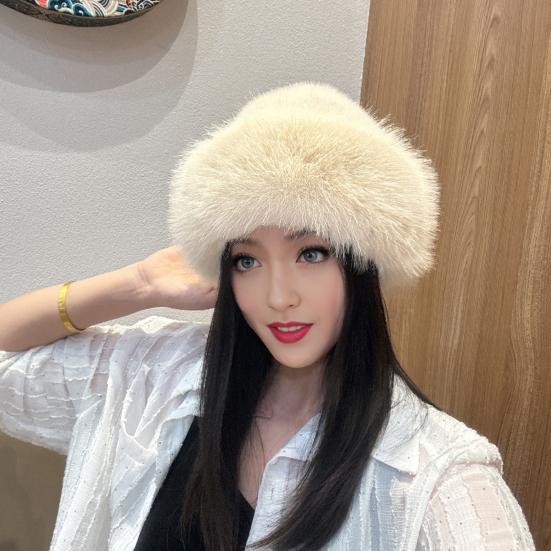 Women Winter Hat Thick Plush Faux Fur Heat Retention Windproof Mongolia Style Bucket Hat Solid Color Outdoor Cycling Skiing Panama Cap