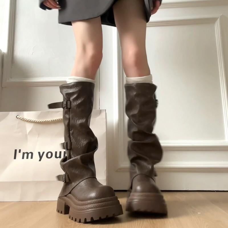 Yueyu Belt Buckle Pleated Thick-soled Medium Boots Women's 2025 Autumn and Winter New Trousers Western Boots Ins Tide Boots