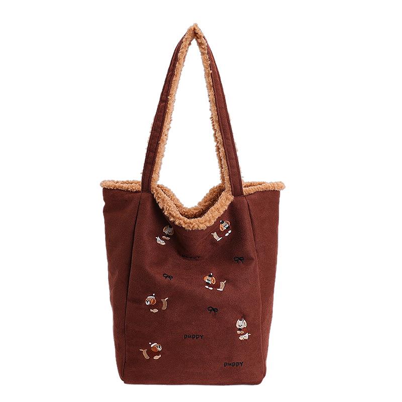 Embroidered Plush Tote Backpack - Double-Sided Design for Commuting