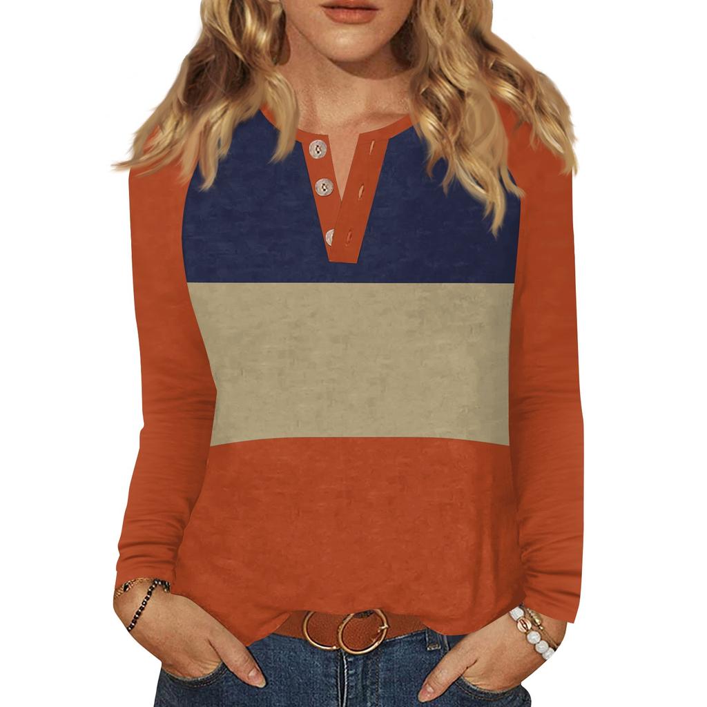 Женская футболка с принтом, на пуговицах, с длинным рукавом, повседневная, для выходных, модная, базовая, с V-образным вырезом, обычный топ